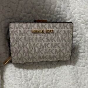 Michael Kors Beige Signature MK Zip-Around Wallet with Gold Logo